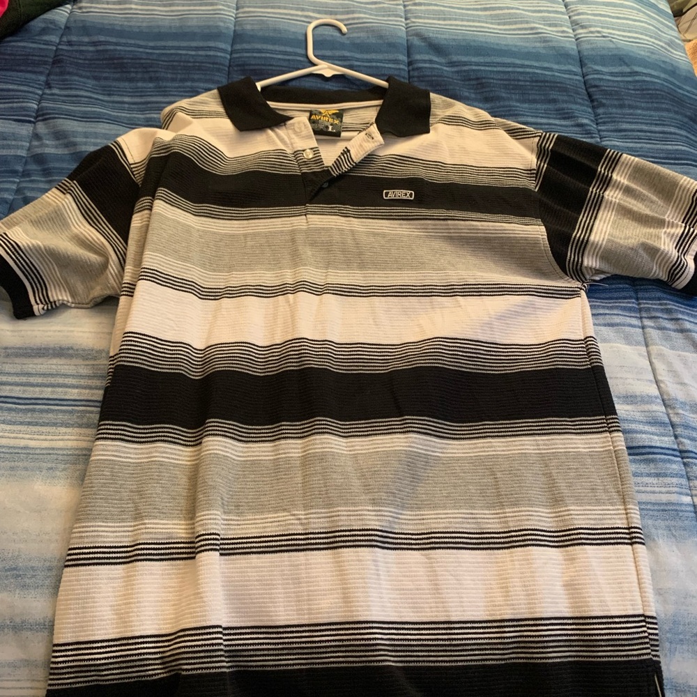 Avirex Black and Gray Polo Shirt with Striped Design
